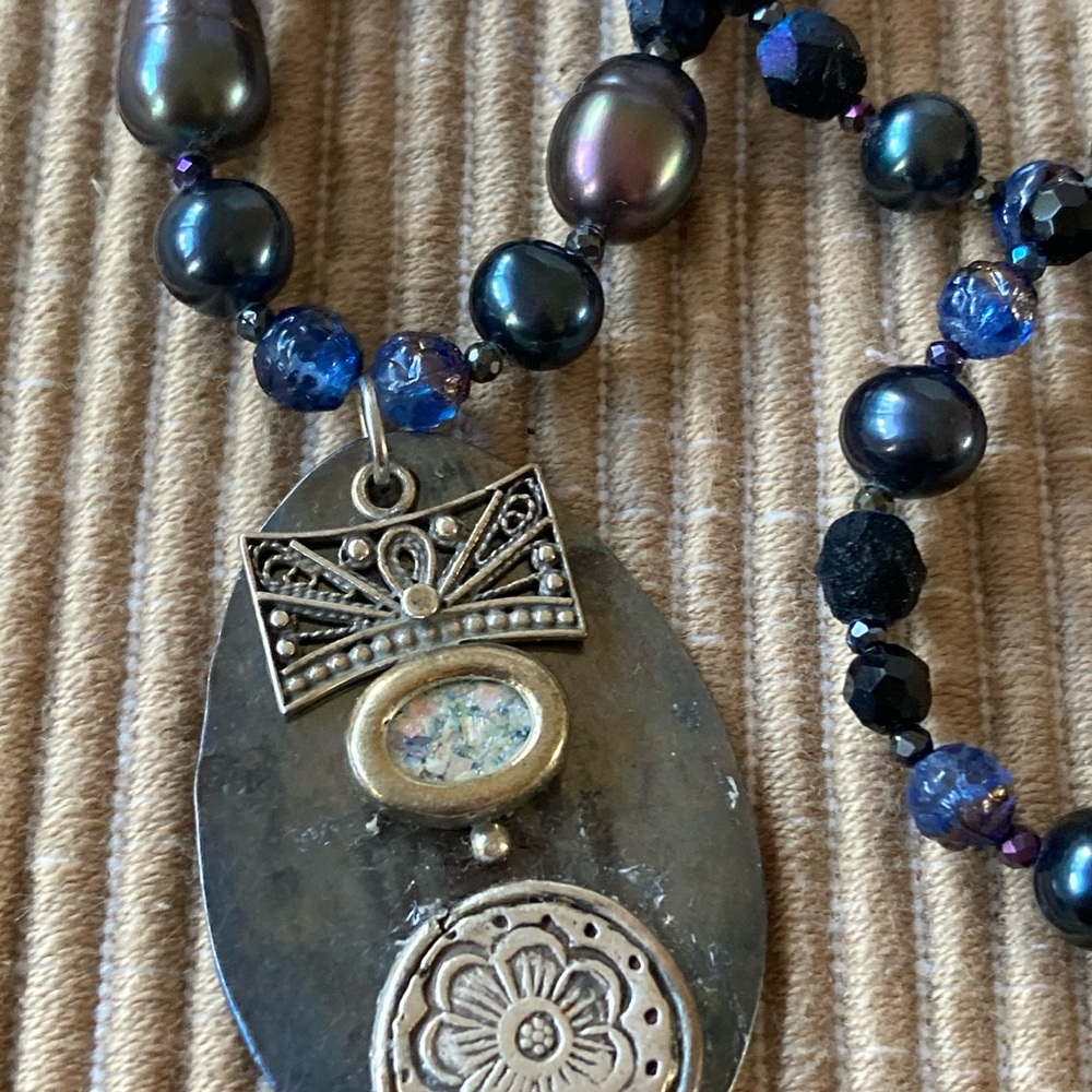 Long Necklace Navy Blue Freshwater Pearls Glass Swarovski Unique Silver Pendant